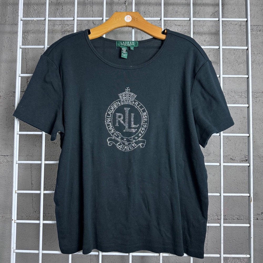 Ralph Lauren polo Petite Black Rhinestone Logo‎ Tee T Shirt Top y2k girlie bling